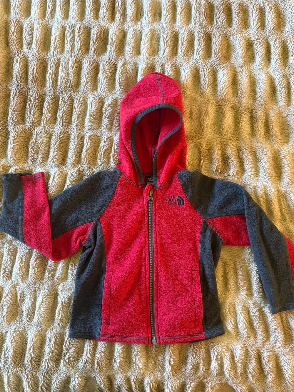 The North Face Kids Red and Gray Hooded Fleece Jacket